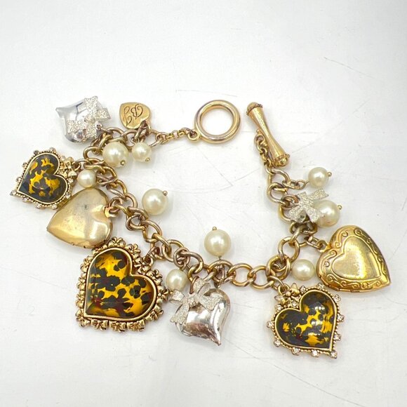 Betsy Johnson Jewelry - Betsy Johnson Charm Bracelet Heart Lockets Faux Pearls Bows Leopard Designs